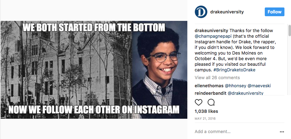 Drake University and Drake the Rapper (Champagnepapi) start a conversation aboout #BringDrakeToDrake